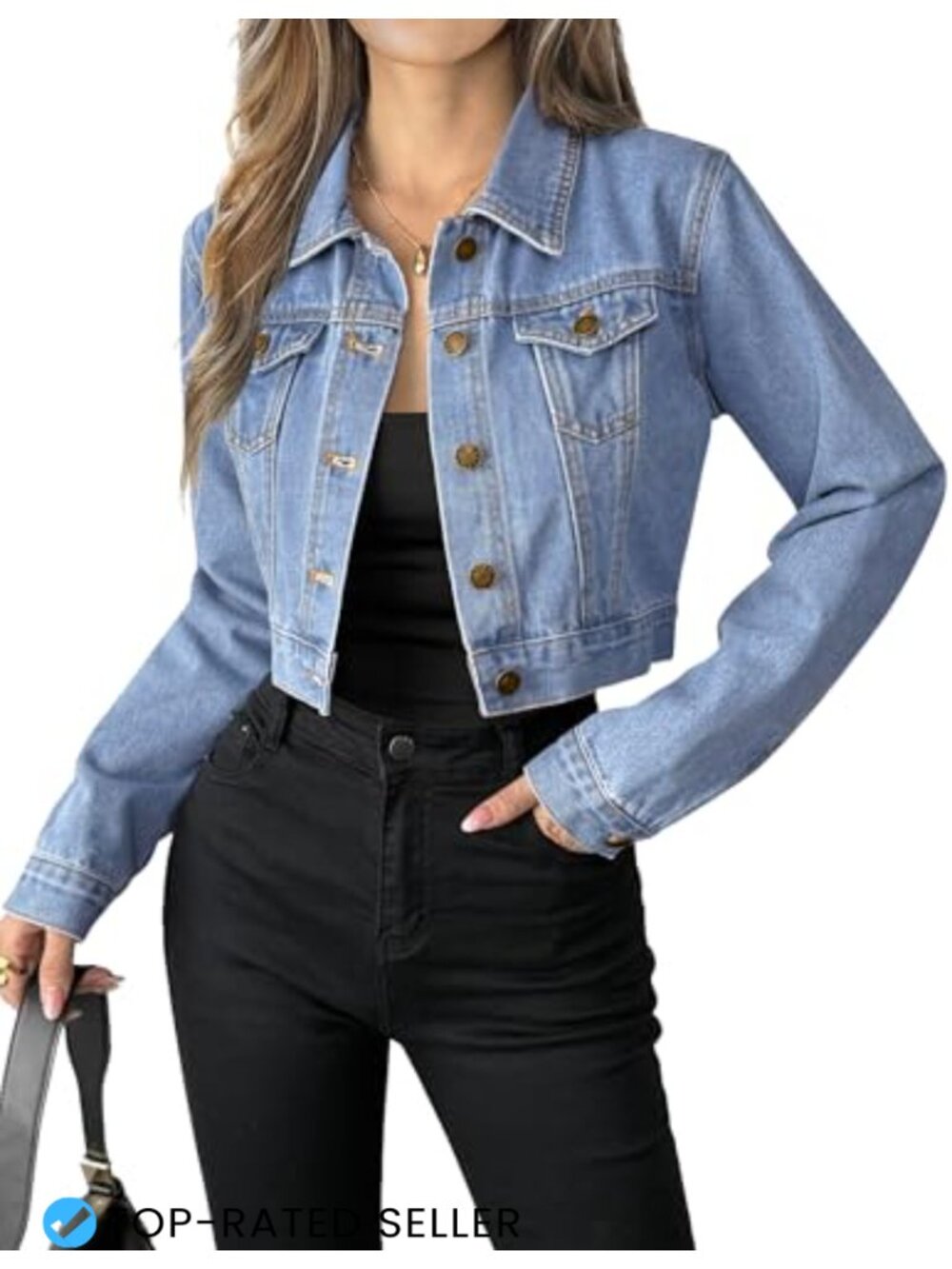 Women's Cropped Denim Jean Jacket Long Sleeve Button Down with Pockets